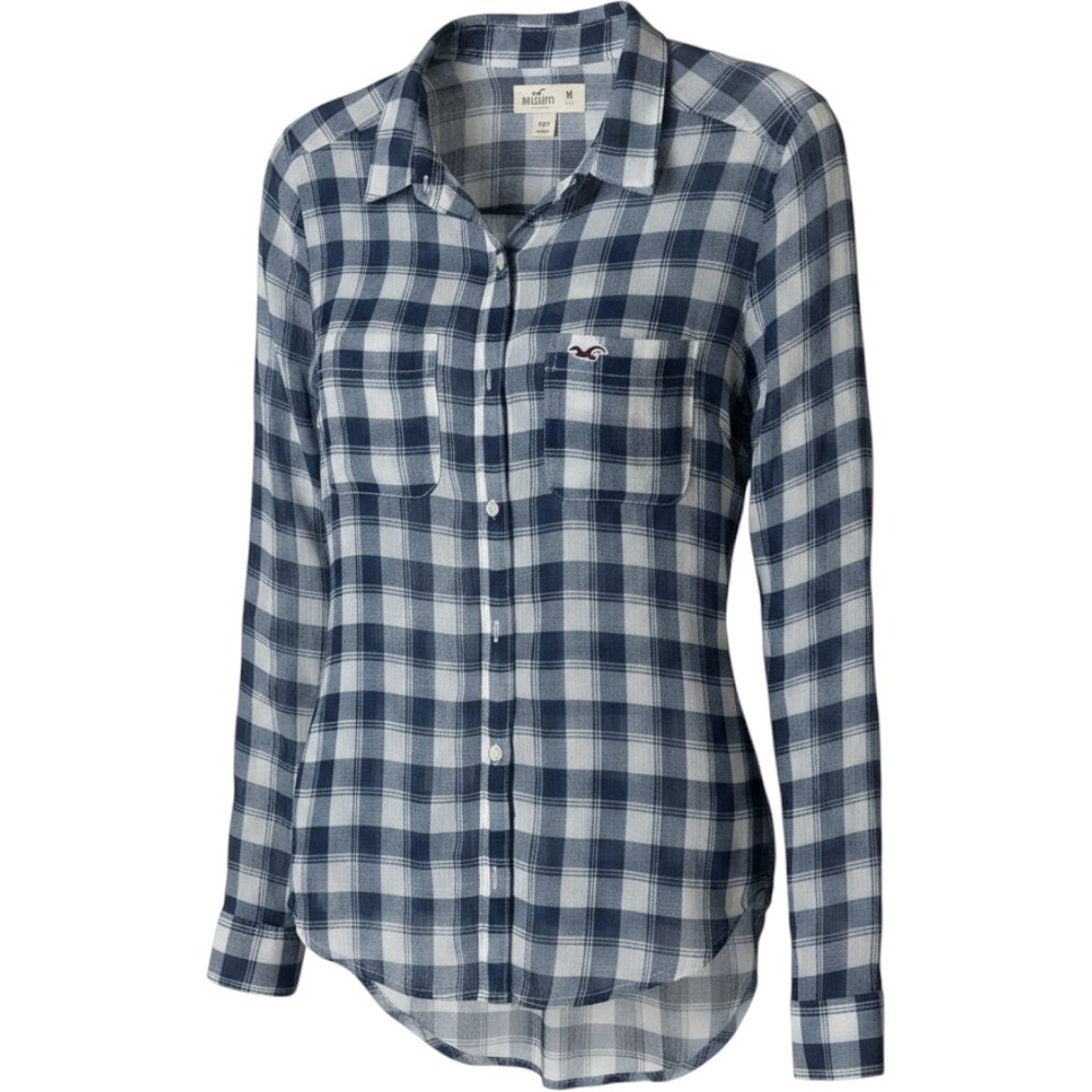 Hollister Blue White Plaid Sheer Button Down Shirt Medium Coastal Preppy Top